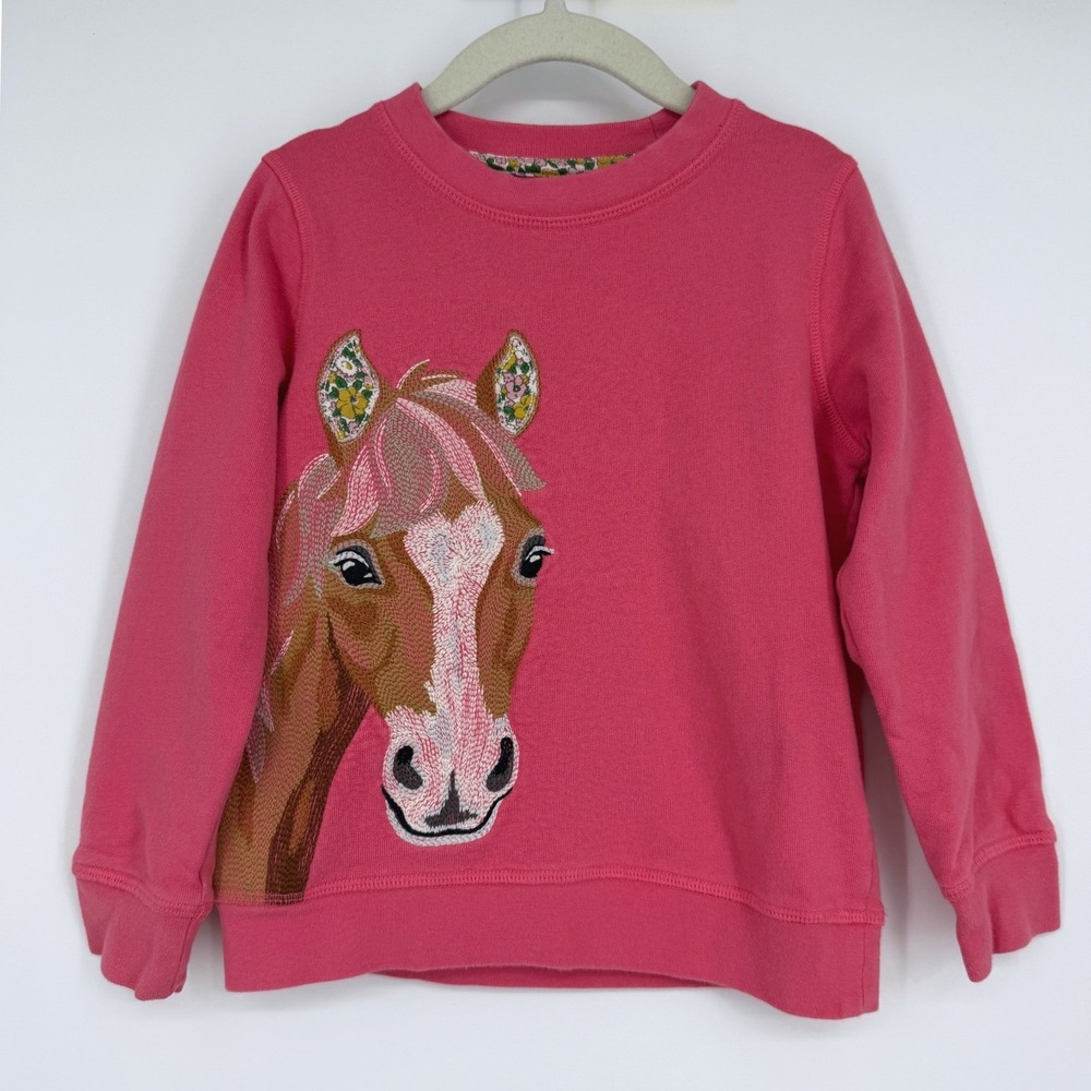 Mini Boden Girl's Horse Embroidered Cotton Pink Sweatshirt Sz 4-5 Y Equestrian